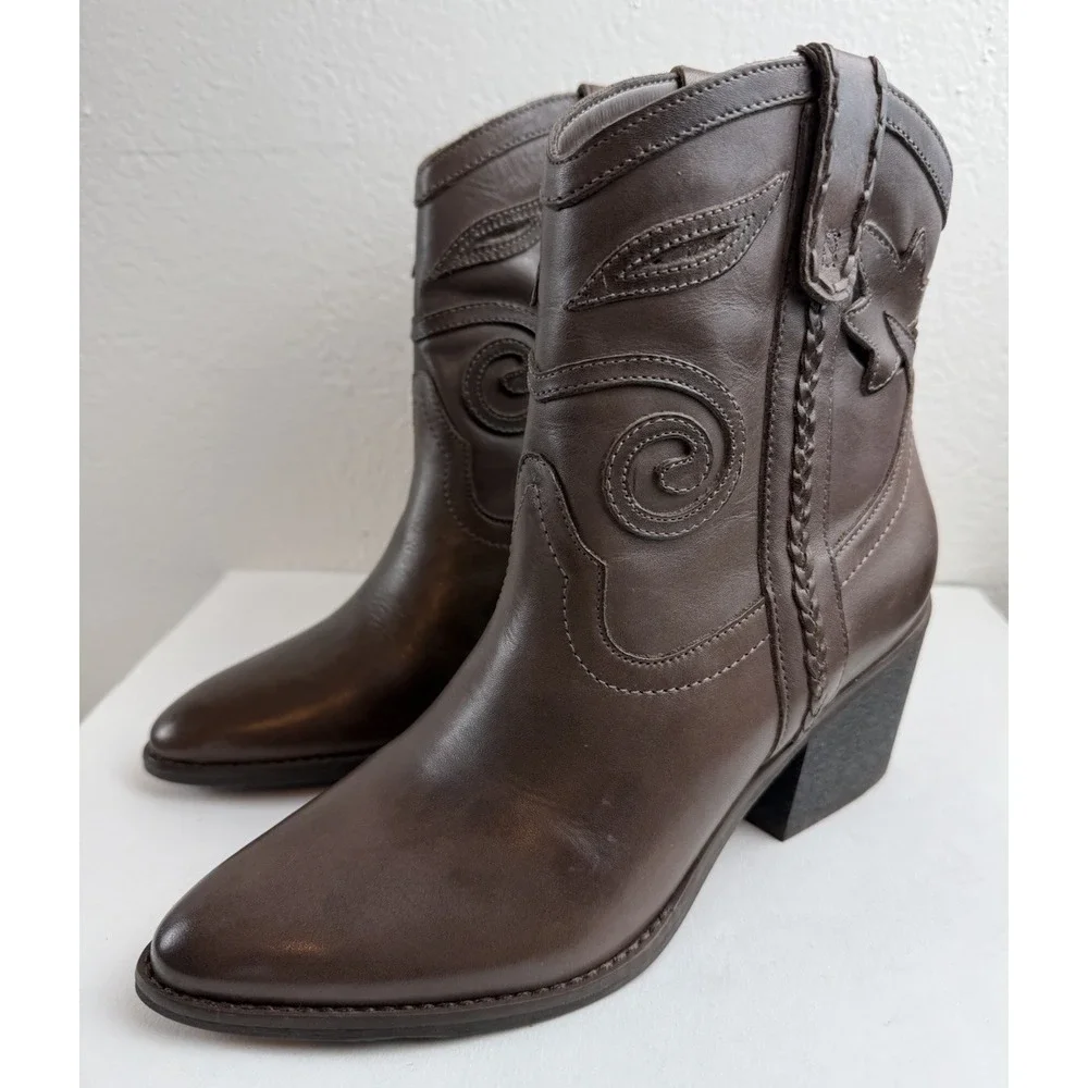 Carlos By Carlos Santana Austin Womens Brown Leather Pointed Toe Ankle Boots 5M